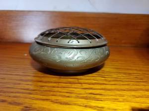 lot 2126 image: Brass Incense Burner . or Poporey with Floral Etching and Top Screen