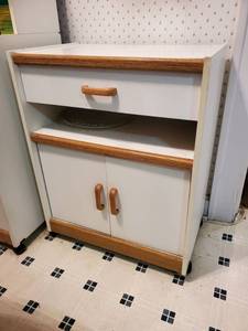 lot 2139 image: White Kitchen Side Table on Wheels - Contents Sold SEPARATELY
