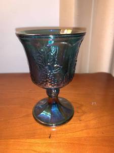 lot 6224 image: Vintage Indiana Blue Harvest Grape Carnival Glass Goblet Location Mantel