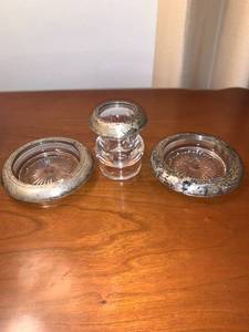 lot 6239 image: Vintage Sterling Saben Coasters and Toothpick Holder Location Mantel