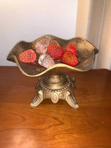 lot 6241 image: Metal Footed Dish With Lucite Raspberries Location Mantel