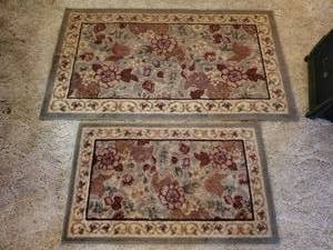 lot 6253 image: Lot of 2 Carpets. Rolled Together. Green Burgandy Floral