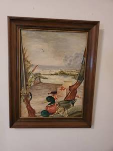 lot 6271 image: Wall Decor Painting of Ducks and 2 Shotguns