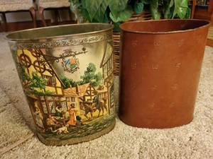 lot 6272 image: Lot of 2 Trashcans.Metal . 1 Leather and 1 Etched and Painted