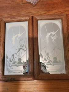 lot 6283 image: Lot of 2 Unicorn Wall Decor Pieces. with Pyramids