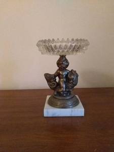 lot 7889 image: Beautiful Vintage Candle Holder With Solid Marble Base, Brass Statue Middle And Crystal Top