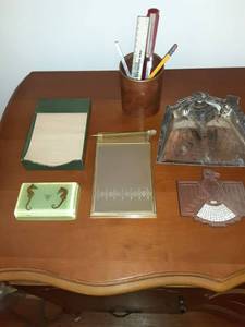 lot 8561 image: Lot of Six Miscellaneous Vintage Desk Supplies, Including Memo Pads, Seahorse Paperweight, Calender, Change Holder