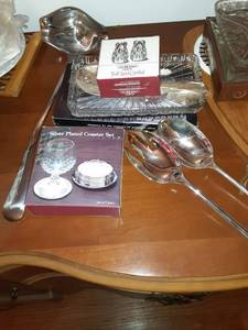 lot 8569 image: Lot of Six Silver Plated Items, Serving Spoon, Serving Fork, Coaster Set , Soup Ladle, Salt and Pepper Shaker