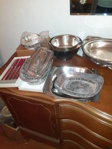 lot 8572 image: Lot of Twelve Silver Plated Serving Bowls Plates and Cutlery, Butter Dish