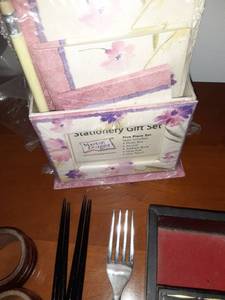 lot 8573 image: Lot of Random Items, Napkin Rings, Tin Tray, Stationary Set, Rehabilitation Eating Fork, Wood Tray, Chopsticks