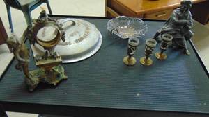 lot 10005 image: old statues - cherub and man thinking - skillet cover - brass and glass shot glasses