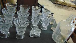 lot 10006 image: lot of cut glass glasses - cat candle holder - old glass jug