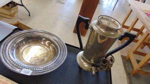 lot 10013 image: old percolator coffee maker and sliver tray