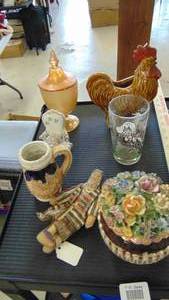 lot 10020 image: lot - beer stein - Rooster planter - flower trinket box - candy dish and more