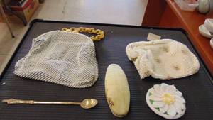 lot 10032 image: 2 beaded purses - silver tea spoon - daisy coin purse