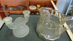 lot 10040 image: frosted glass candle stick holder - heavy glass pitcher