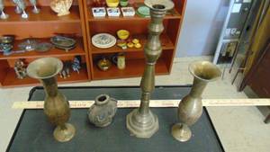 lot 10042 image: brass candle stick and vases