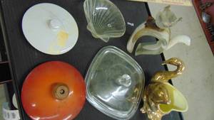 lot 10057 image: Cool Cat glass statue - Brass swan planter - glass shell tray - casserole lids