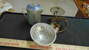 lot 10061 image: small colander - old hand mixer - coffee pot