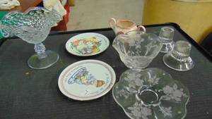 lot 10078 image: tall glass candy dish - glass candle stick holders - Mother plate - rose sugar bowl