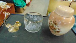 lot 10091 image: brass and crystal candle holder - gold rimmed glass bowl - ceramic urn