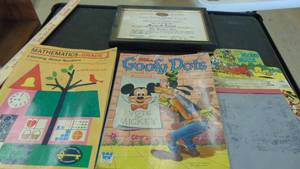 lot 10110 image: Mickey Mouse eraser slate - Goofy dots book - kids math book