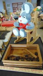 lot 10239 image: wood crate - wood rocker - plush bunny