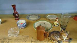 lot 10306 image: cat statue - pitcher - coffee pot - plates