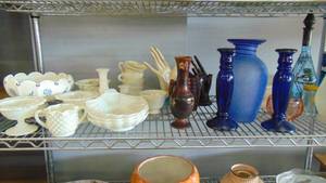 lot 10311 image: milk glass - blue bud vases - china cups and saucers - ring holders