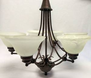 lot 108 image: Beautiful Hardwired Chandelier  6 Shades With Copper Finish  Measures Approx. 24 x 24
