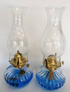 lot 5452 image: 2 Beautiful Vintage Hurricane Lamps with Blue Oil