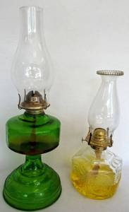 lot 5453 image: Vintage Green Glass Tall Hurricane Lamp  Bonus Lamp