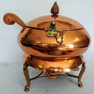 lot 5458 image: Large Vintage Copper & Brass Double Boiler Chaffing Dish wWood Ladle