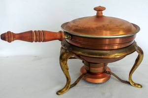 lot 5459 image: Vintage Copper & Brass Chafing Dish Warming Pan - Wood Handle
