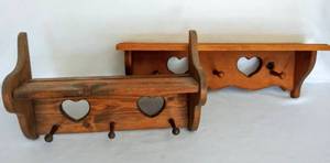 lot 5467 image: 2 Vintage Heart Cut Out Wood wPegs Shelves (24 & 18 Long)