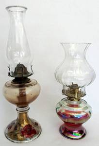 lot 5506 image: 2 Vintage Hurricane Lamps  Goofus & Iridescent Glass