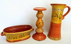 lot 5509 image: Adorable 3 Piece Earthenware Set  Pitcher, Pedestal, & Bowl