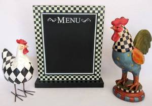 lot 5510 image: Checkerboard Design Chalkboard Menu Stand w Checkerboard Designed Roosters