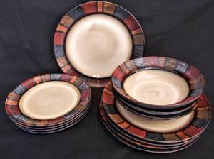 lot 5514 image: Pier 1 Mosaic Pattern Hand-Painted Stoneware  12 Pieces