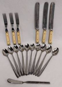 lot 5530 image: Antique A. F. Bannister Bone Handle wInlay (Pewter) 3 each - Knives and 3 Prong Forks & 10 Vintage Ice Tea Spoons  Bonus