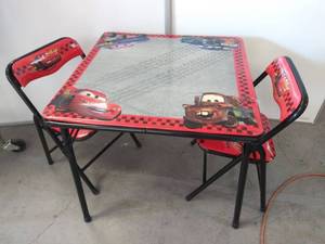 lot 5542 image: Childs Cars 24 Folding Table & 2 Chairs (Some Damage - See Photos)