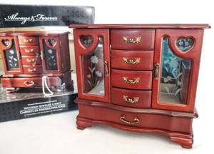 lot 7000 image: NIB Always & Forever Jewelry Box - Dark Walnut wEtched Glass (13 W x 5.5 D x 12 H)