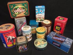 lot 7017 image: 12 Vintage Collector Tins  Hersheys, Cracker Jack, Gold Medal & More