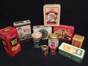 lot 7018 image: 11 Vintage Collector Tins  Hungry Jack, Mortons Salt, Hersheys & More