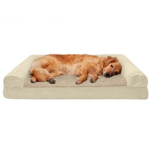 lot 4648 image: 35 x 44 Furhaven Pet Dog Bed - Cooling Gel Memory Foam Ultra Plush Faux Fur and Suede Traditional Sofa-Style Living Room Couch Pet Bed with Removable Cover for Dogs and Cats, Clay, Jumbo