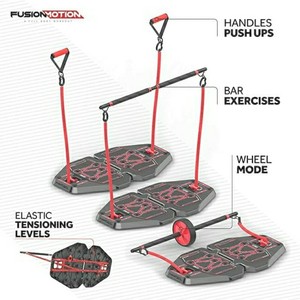 lot 4675 image: Fusion Motion Portable Gym with 8 Accessories Including Heavy Resistance Bands, Tricep Bar, Ab Roller Wheel, Pulleys