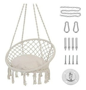 lot 4690 image: Patio Watcher Hammock Chair Macrame Swing with Cushion and Hanging Hardware Kits, Handmade Knitted Mesh Rope Swing Chair