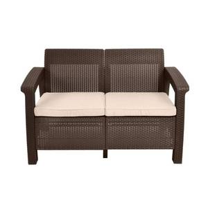 lot 2153 image: Keter Corfu Resin (Wicker Style) Outdoor Loveseat Patio Couch with Washable Cushions - Perfect for Balcony, Deck, & Poolside Seating  Brown