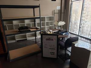 lot 6068 image: Table, file cabinet, storage shelf