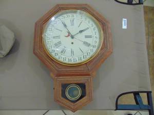 lot 3053 image: Wrigley Regulator Clock - Woring - needs glass - Key and Pendulum present